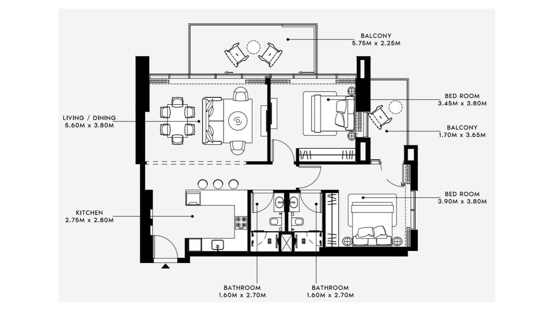 Планировка квартиры 2 спальни в ЖК AZIZI RIVIERA BEACHFRONT № 11054