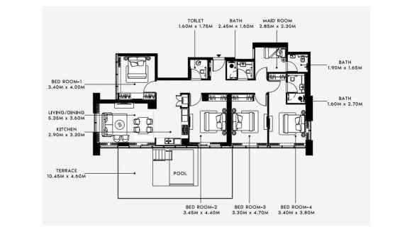 Планировка квартиры 4 спальни в ЖК AZIZI RIVIERA BEACHFRONT № 11057 (2D)