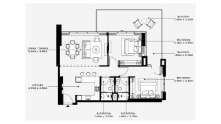 Планировка квартиры 2 спальни в ЖК AZIZI RIVIERA BEACHFRONT № 11056