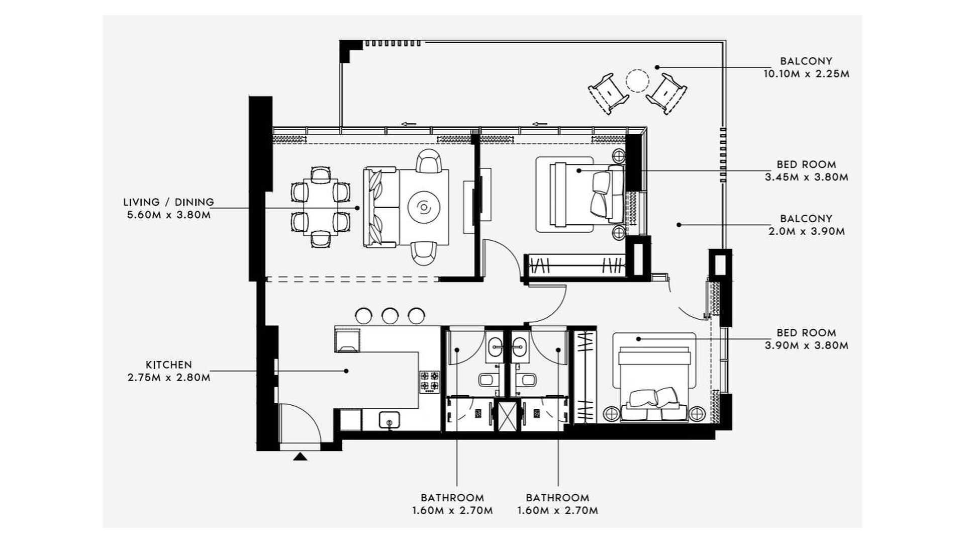 Планировка квартиры 2 спальни в ЖК AZIZI RIVIERA BEACHFRONT № 11055