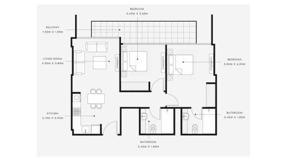 Планировка квартиры 2 спальни в ЖК AZIZI RIVIERA BEACHFRONT № 11053 (2D)